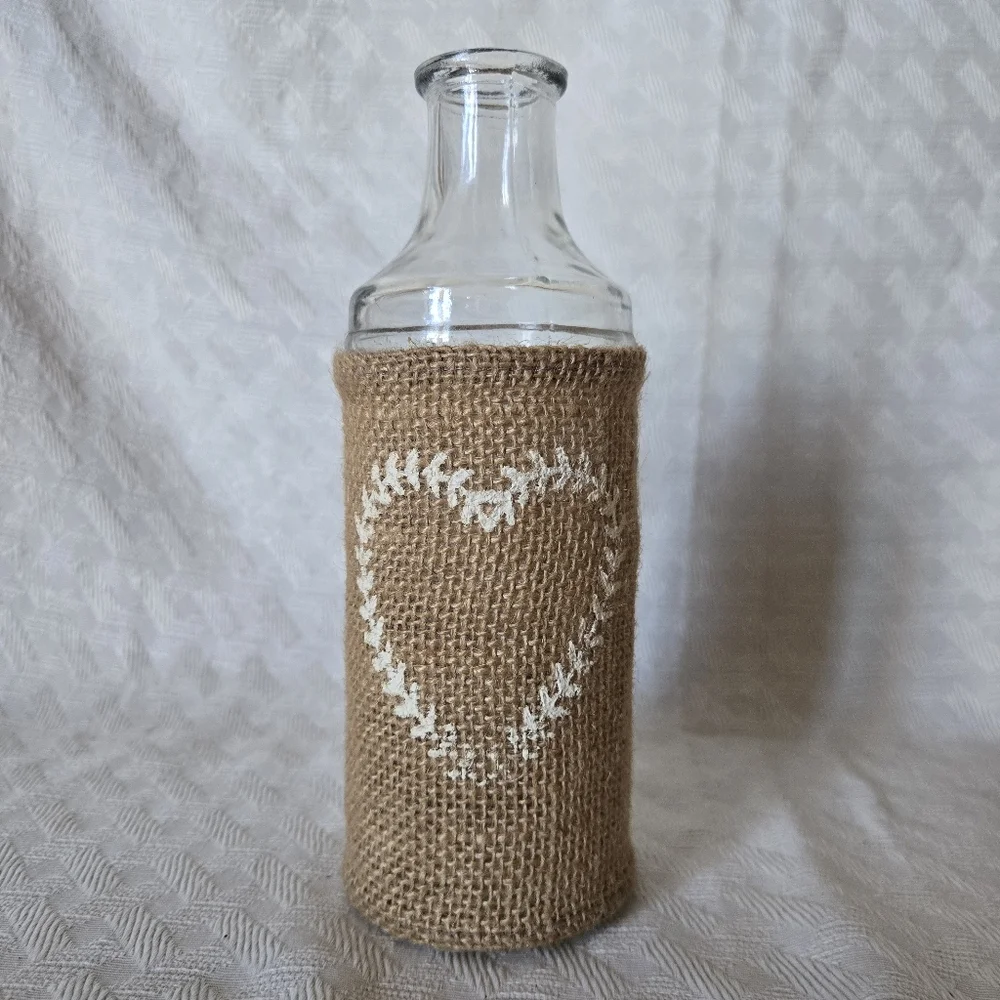 Rustic Burlap Heart Glass Vase Bottle